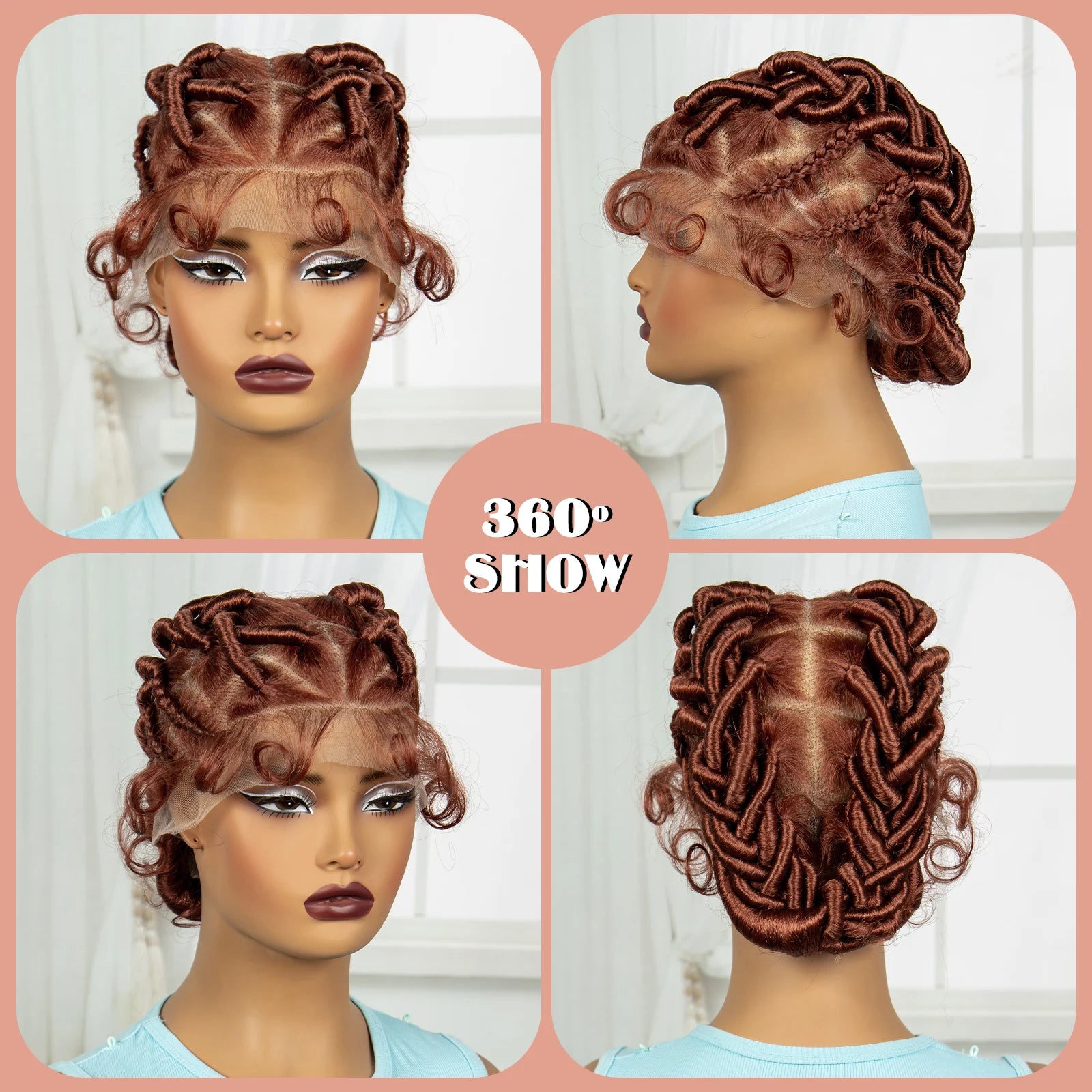 Burgundy Full Lace Synthetic Braided Wig | Knotless Box Braids & Bantu Knots | Lace Front Wig with Baby Hair for Black Women