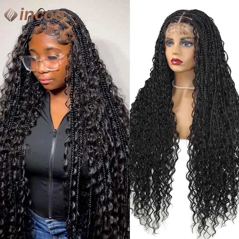 Boho Box Braided Wigs Curly Hair Synthetic Full Lace Front Wigs for Women Goddess Locs Braid Wig Burgundy Bohemian Box Braid Wig Luxegan