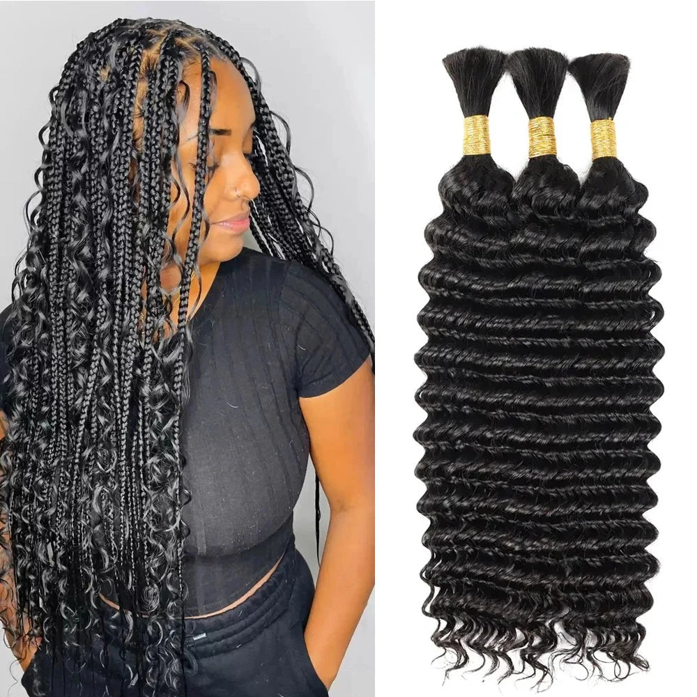 Deep Wave Human Hair Bulk | Boho Braids & Extensions | 100% Brazilian Remy | Natural Black Luxegan