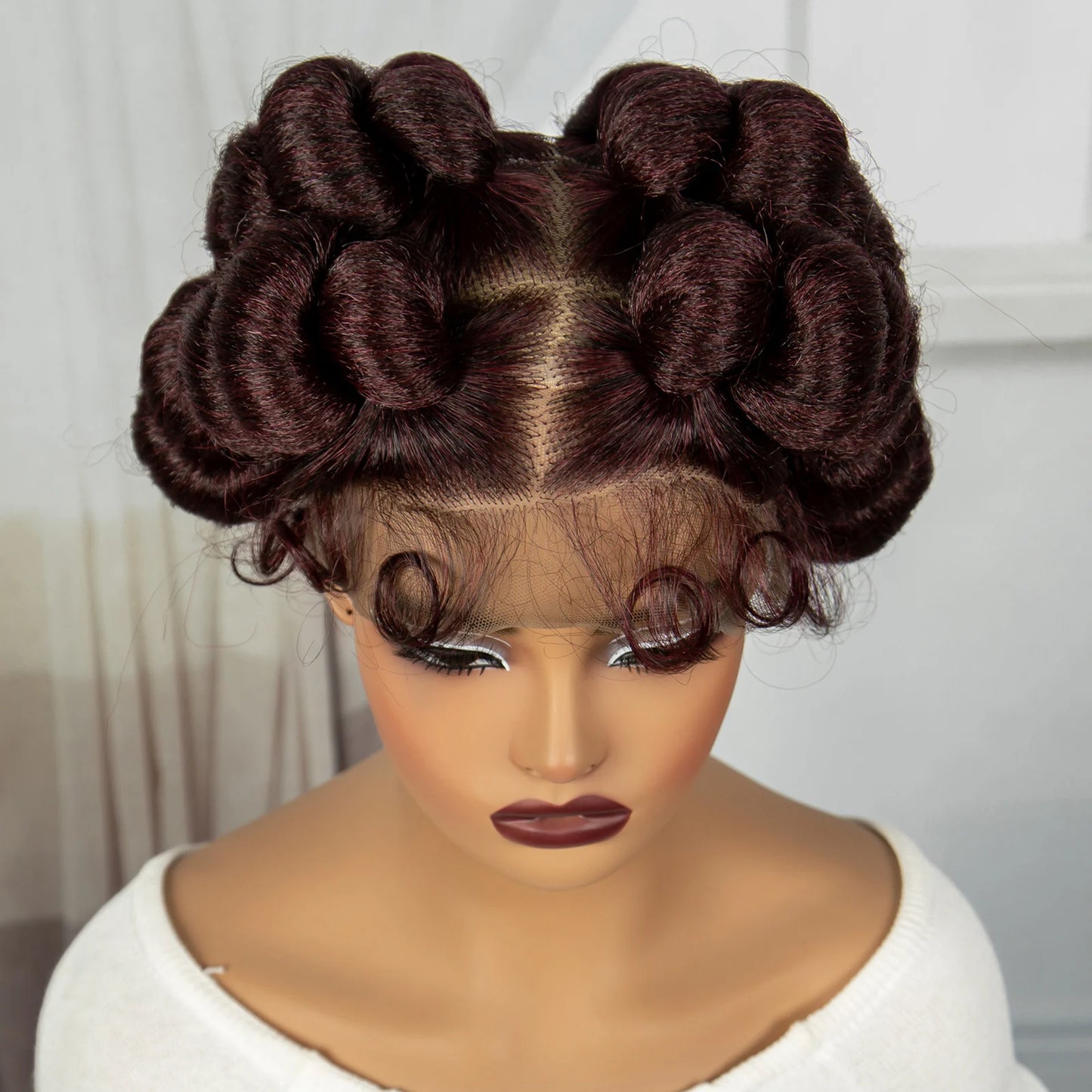 Short Cute Burgundy Bantu Knotless Braids Wig | Full Lace Handmade Luxegan