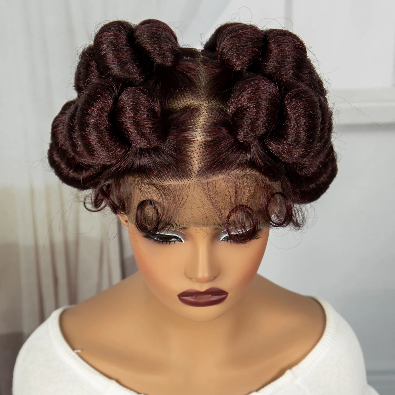 Short Cute Burgundy Bantu Knotless Braids Wig | Full Lace Handmade Luxegan