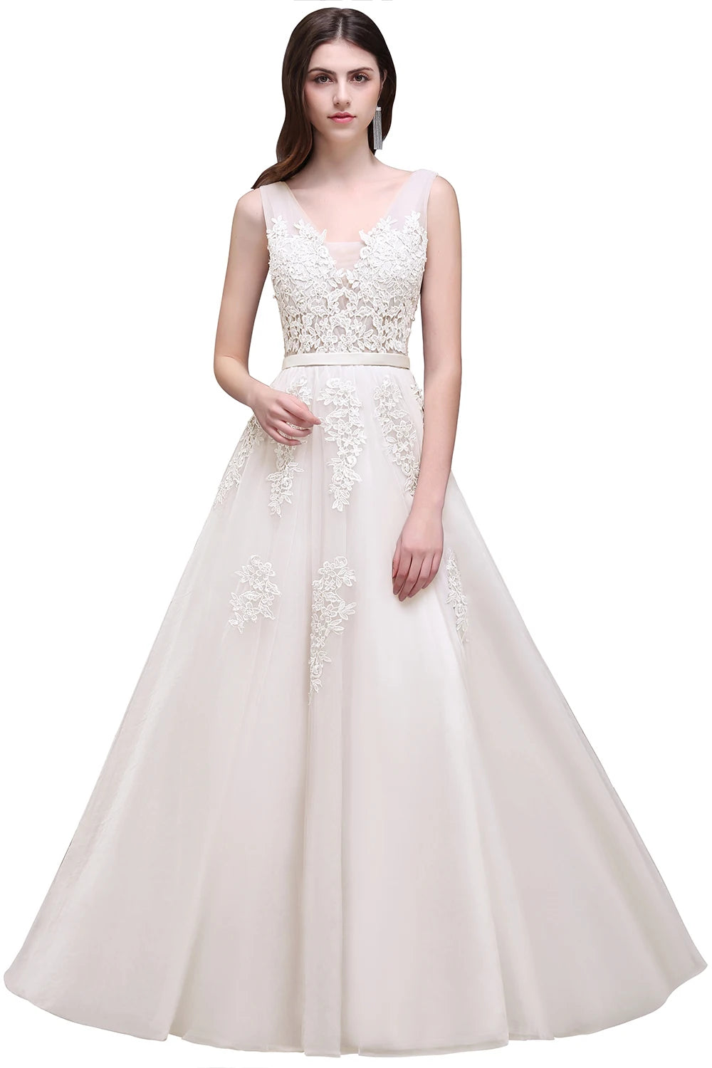 Women Burgundy Evening Dress Lace Appliques Tulle V-Neck Sexy Backless Prom Dresses A-Line Floor-Length Sleeveless Party Vestido