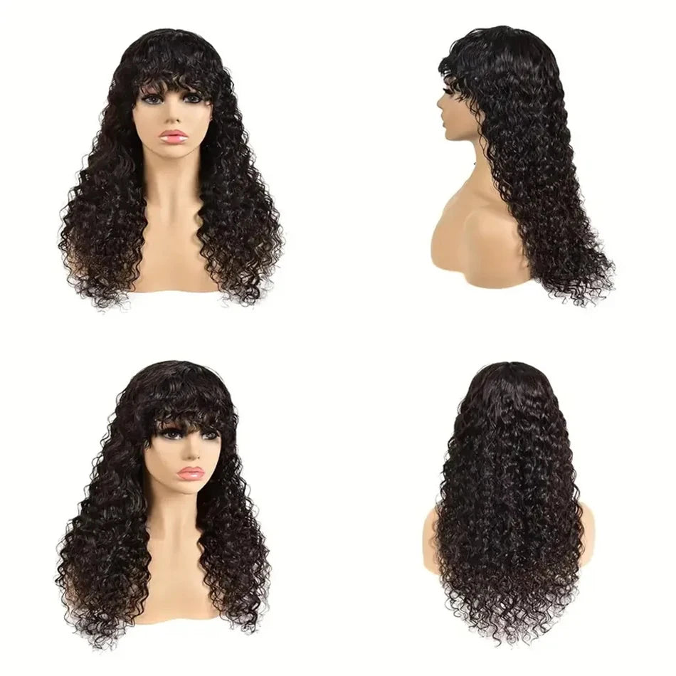 30 Inch Loose Water Wave Wig with Bangs | Full Machine Made Brazilian Remy Human Hair (Natural, All Colors Dyeable) Luxegan