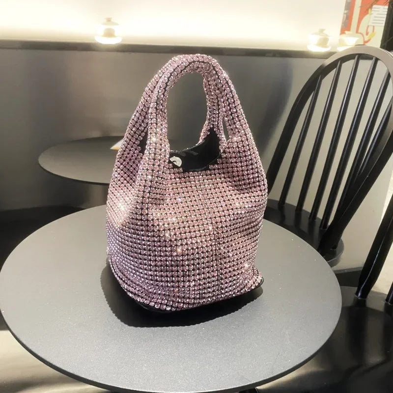 Shiny Crystal Clutch Purse Bucket Shoulder Bag Rhinestone Handmade Purses and Handbags | Luxury Designer Evening Clutch Bag Purse Luxegan