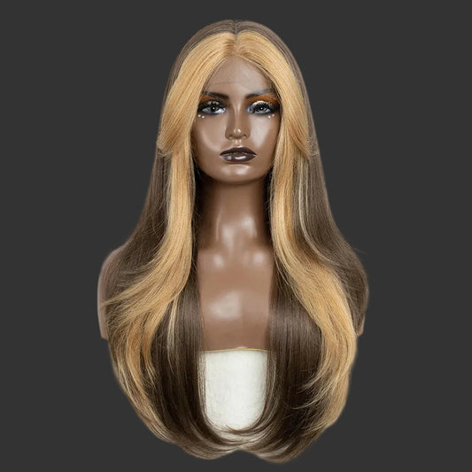 26-Inch Ombre Brown Highlight Blonde Synthetic Lace Front Wig with Bangs - Long Straight High Temperature Fiber Swiss Lace Wig - Transparent Lace Glueless Wig for Daily Use & Cosplay (197g) Luxegan