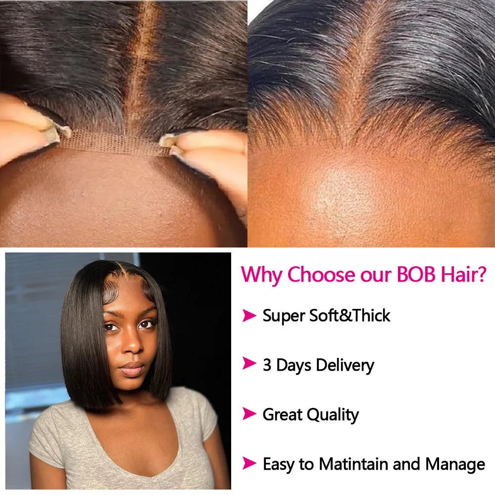 Straight Bob Wig | Glueless | Brazilian Remy Hair | 4x4 Lace Closure | Pre-Cut | Ready to Wear | Natural Black