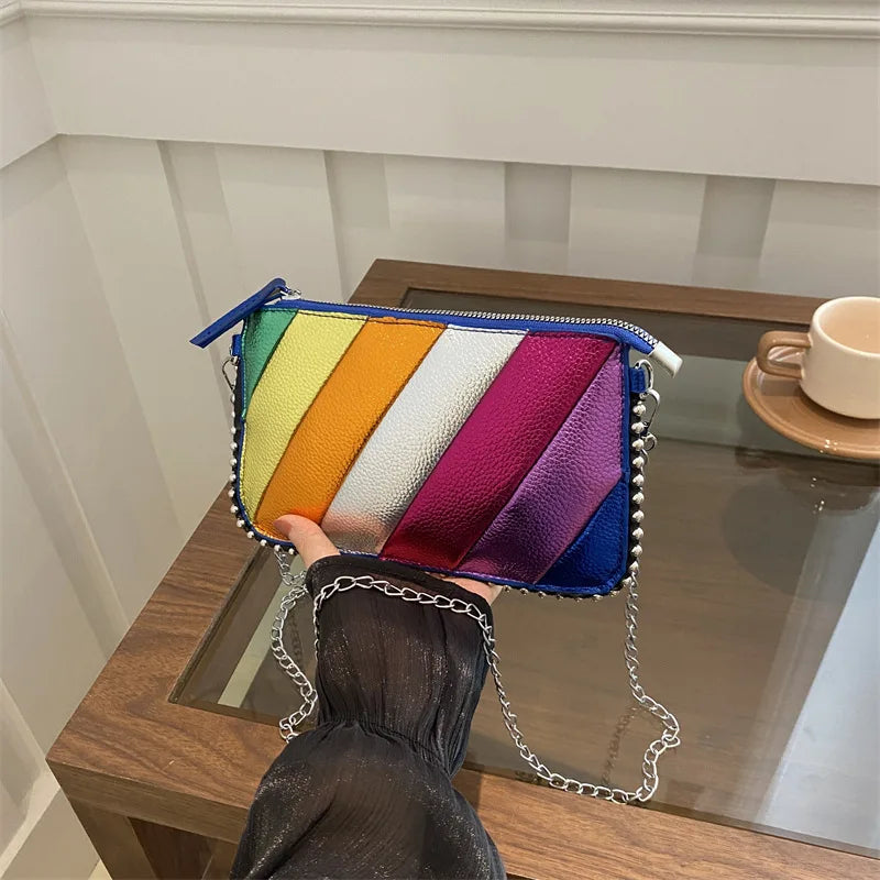 Fashion Trend Contrast Rainbow Splice Shoulder Bag | Designer Rivet Crossbody Handbag | Colorful Twill Chain Flap Bag Luxegan