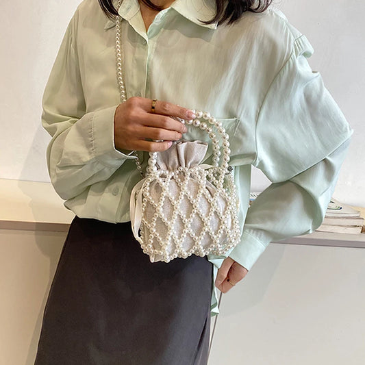 Luxury Pearl Women’s Bucket Tote | Sophisticated Woven Pearl Crossbody Bag | Elegant Small Wallet Handbag | Fashion-Forward "Dignified" Drawstring Purse with Bow Decoration Luxegan