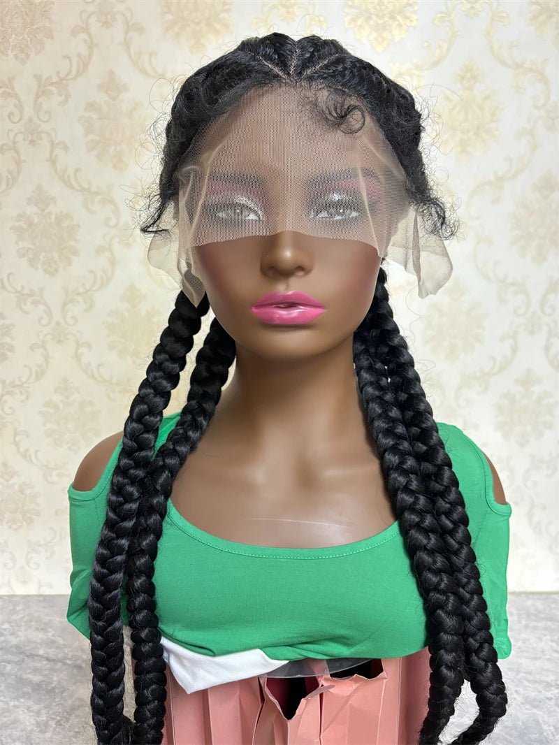 4-Braids Full Lace Braided Wig | Natural Dark Synthetic Wig | Heat Resistant | Black Women Luxegan