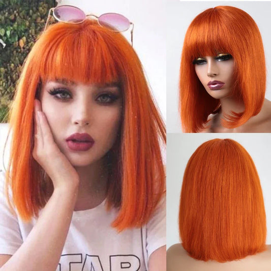 180D Orange/Ginger & Blonde Straight Human Hair Bob Wig with Bangs | Full Machine Made Remy for Women (P4/30, 613, 99J, T1B/27) Luxegan