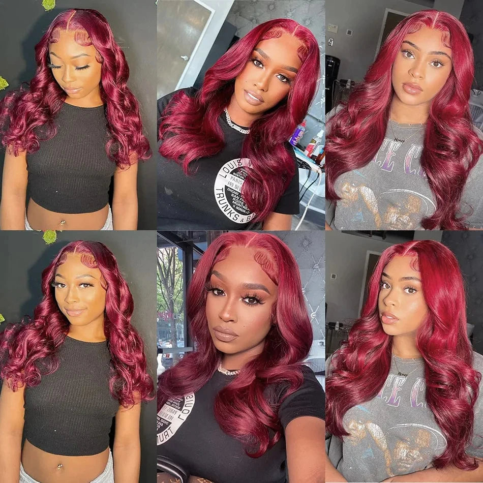 200% Density 99J Burgundy Lace Front Human Hair Wig 13x6 Body Wave Brazilian Remy Deep Part On Sale