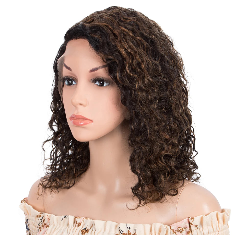 Sleek Curly Human Hair Wig | Brown Highlights | 13x1 T Part Lace Wig | Brazilian Remy Hair | Water Wave