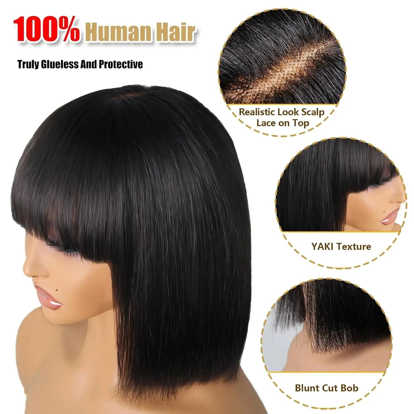 Brazilian | Remy | 100% Human Hair | Natural | Black | Put On and Go | Realistic | Glueless | Transparent | Yaki Straight | Bob with Bangs Luxegan