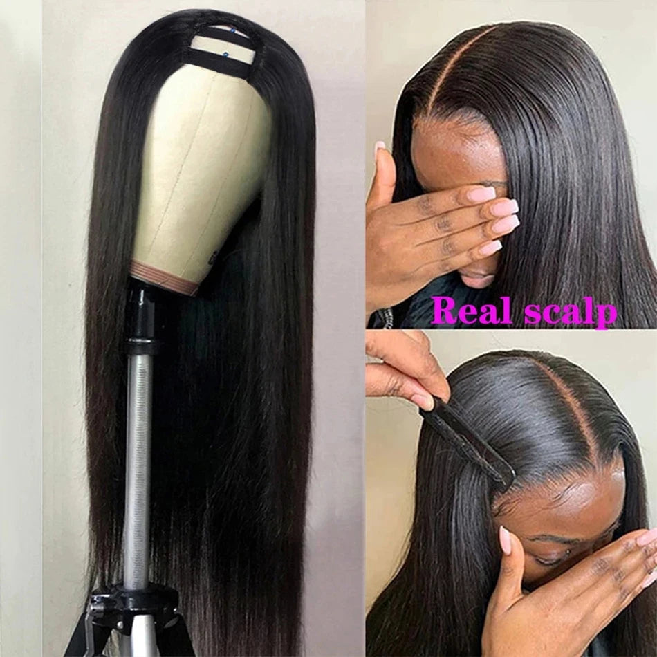 Sleek Straight U Part Human Hair Wig | Brazilian Remy Machine Made Glueless Wig for Black Women (No Shedding, No Tangle) Luxegan
