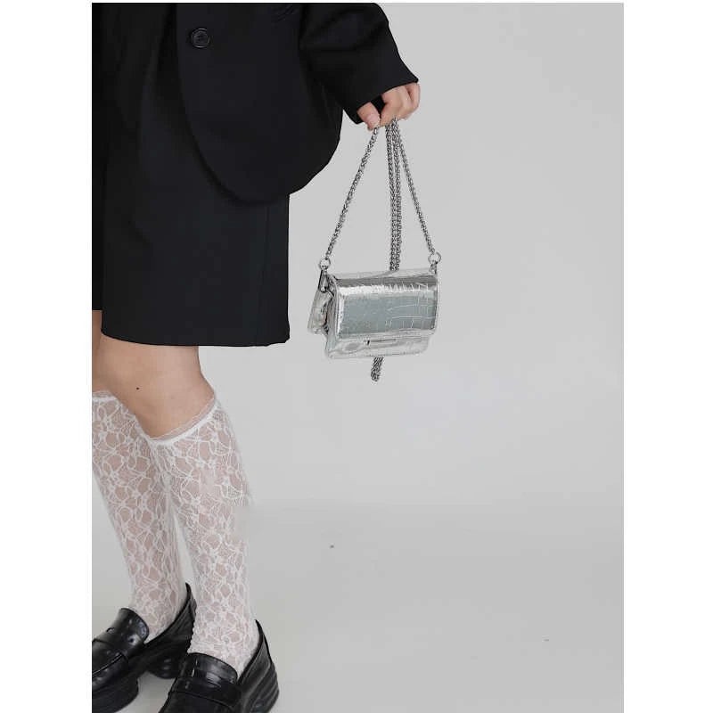 Summer Patent Leather Chain Mini Handbag | Women's Silver PU Crossbody Bag | HARD Fashion Square Buckle Lipstick Purse Luxegan