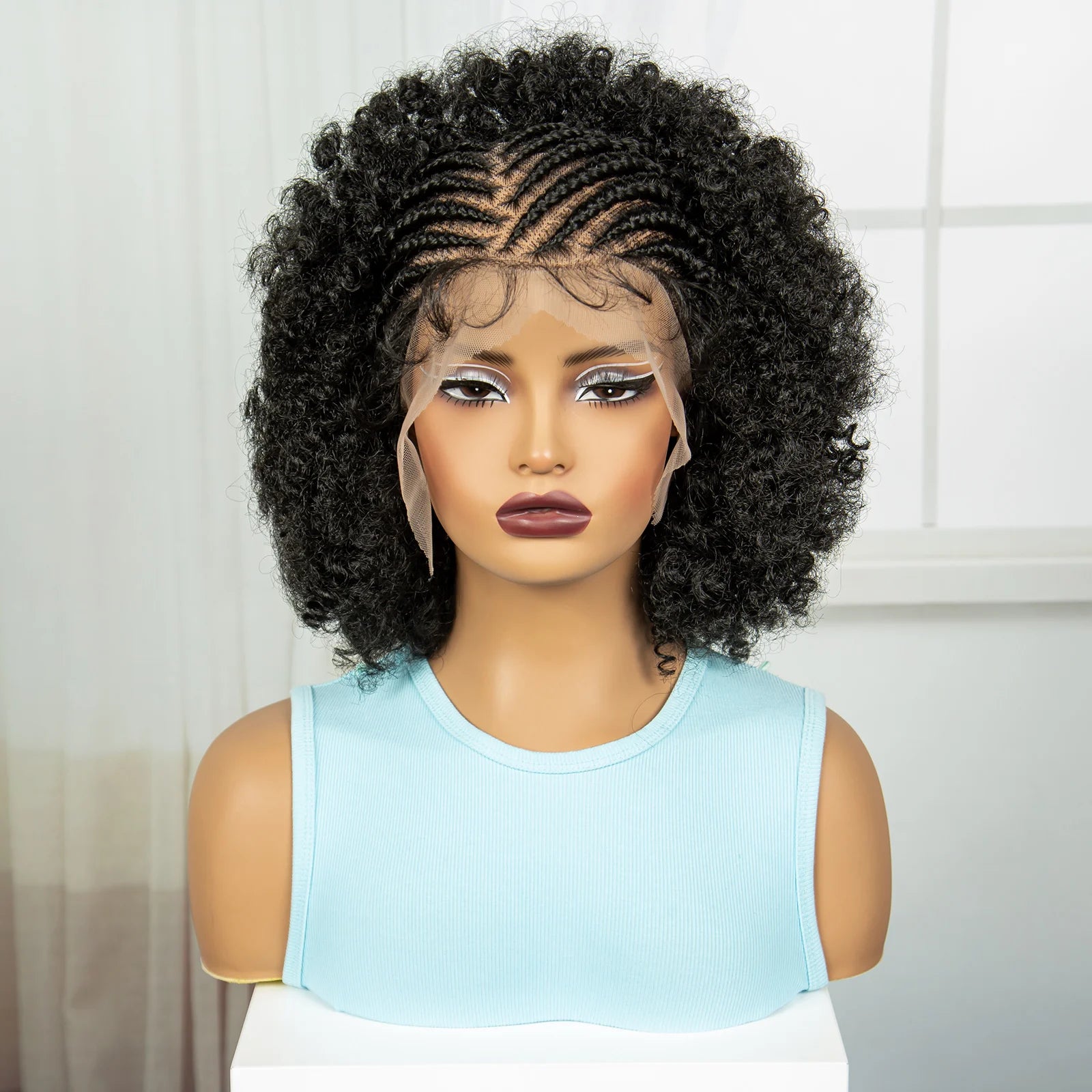 8" Short Afro Kinky Curly Cornrow Braids Wig | Full Lace | Baby Hair Luxegan
