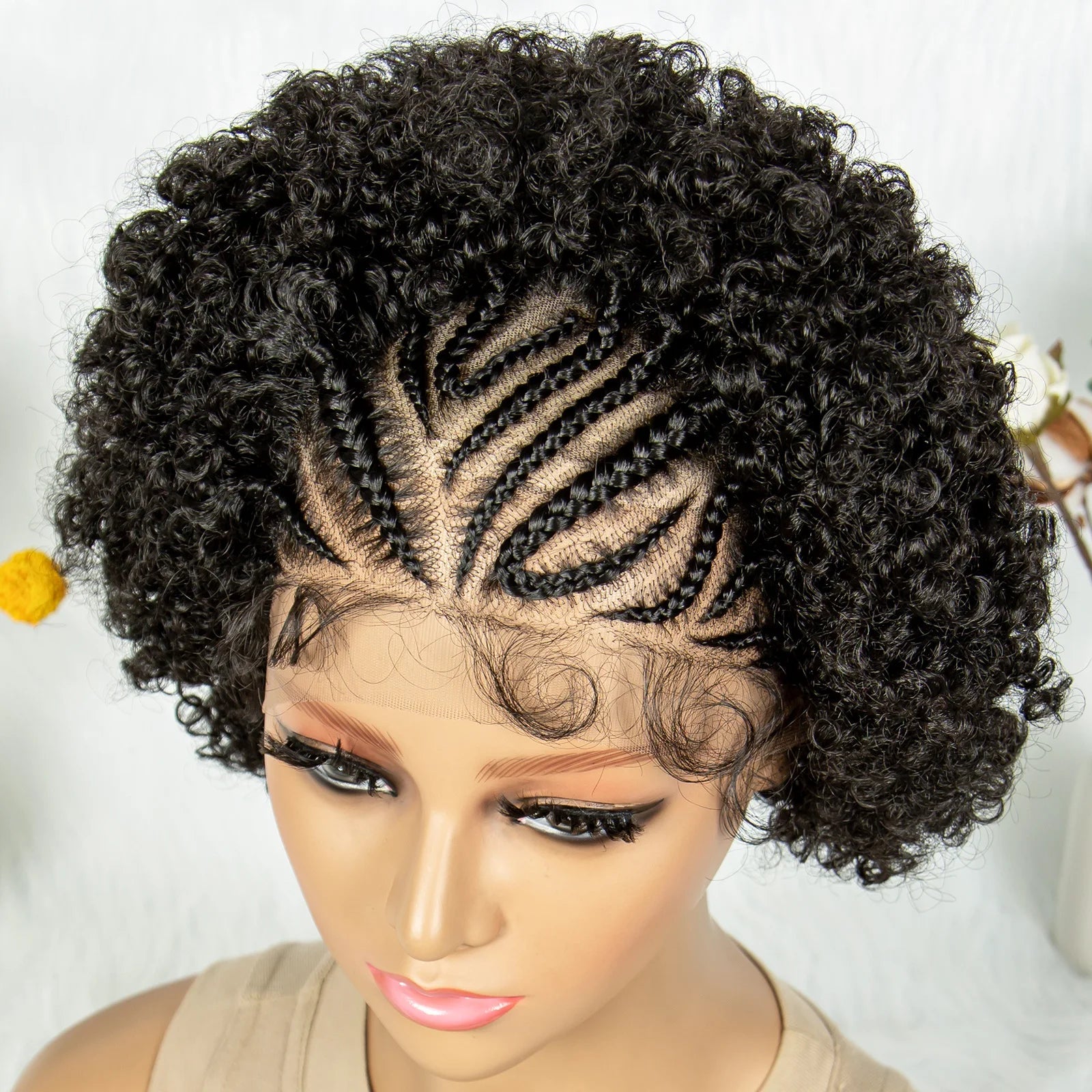 8" Afro Kinky Curly Bob Braided Wig | 13x4 Lace Frontal | Half Cornrows | Synthetic Braids for Black Women Luxegan