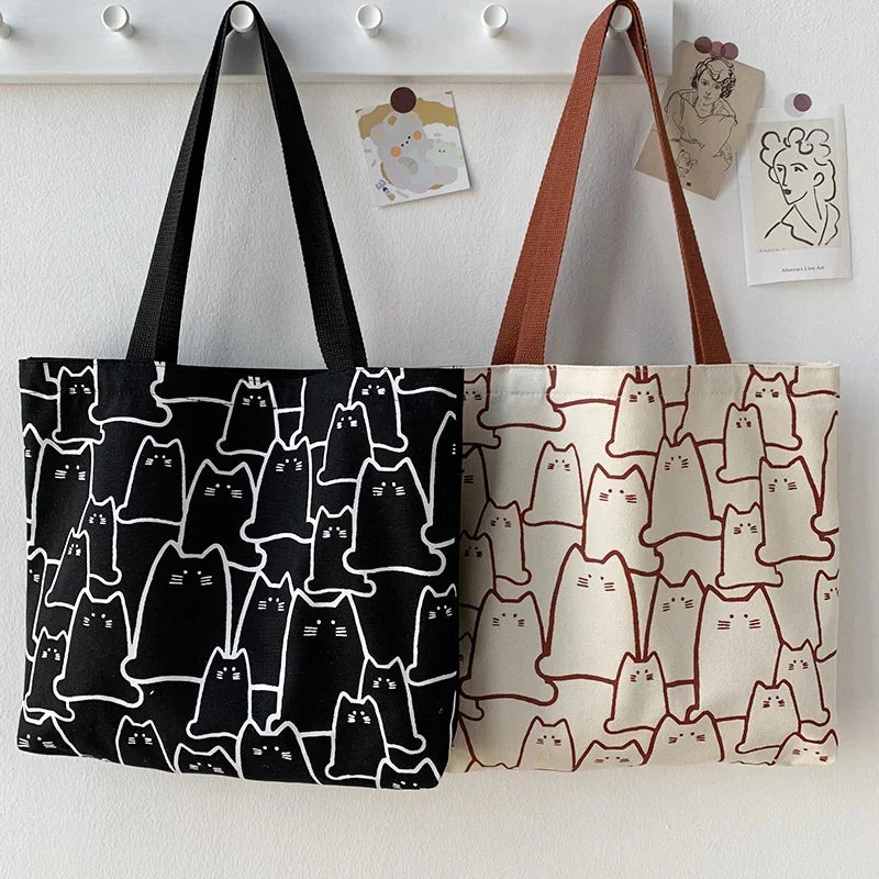 Canvas Animal Print Casual Tote | Hard Cute Cat Japanese Cartoon Shopper Bag Luxegan