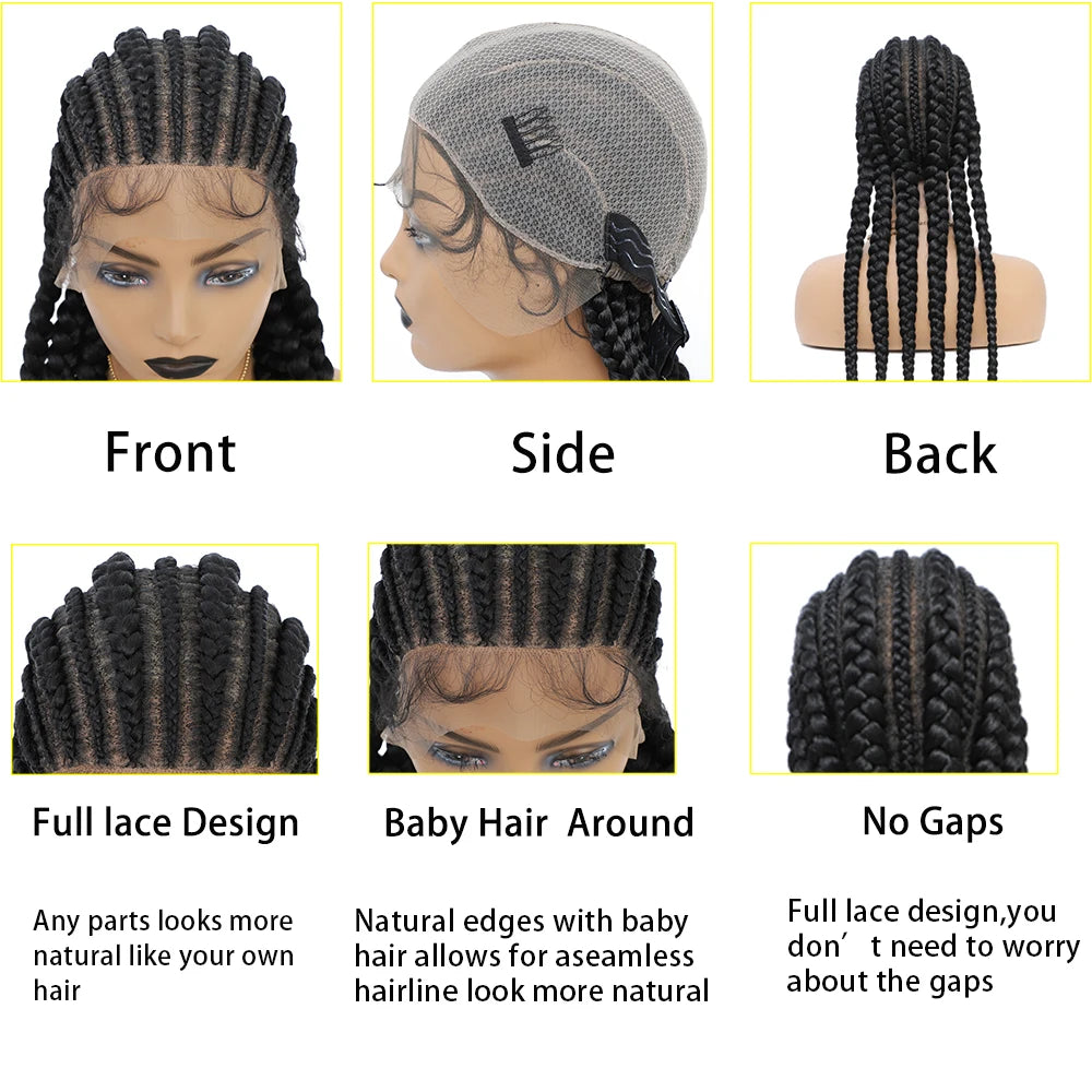 Synthetic Full Lace Cornrow Box Braided Wig 36" Lace Front Wigs Jumbo Braids Wig For Black Africa Women Braids Wig Braiding Wigs Luxegan