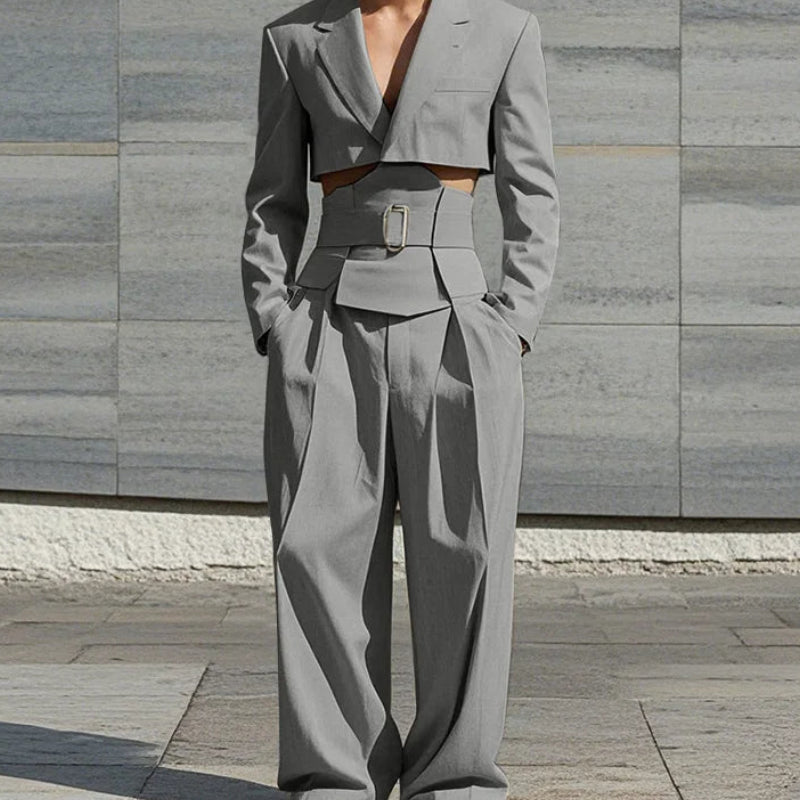Cropped Waistband Design Suit Set | Sophisticated Wide-Leg Long Pant Silhouette | Elegant "Full Opening" 2-Piece Ensemble | "Dignified" Vintage Solid Suit for Radiant Versatile Styling Luxegan
