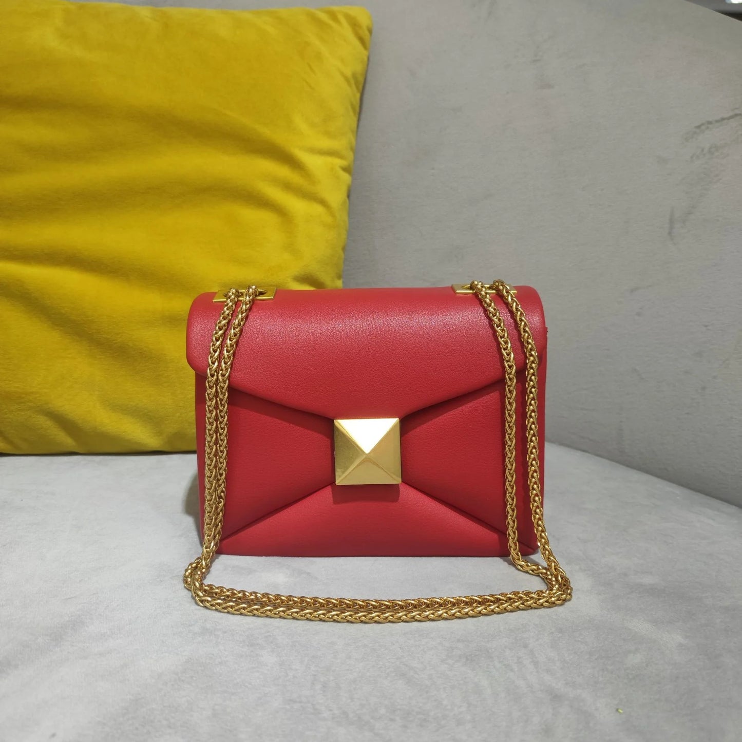 Cowhide Leather Crossbody | Luxury Chain & Rivet Satchel Luxegan