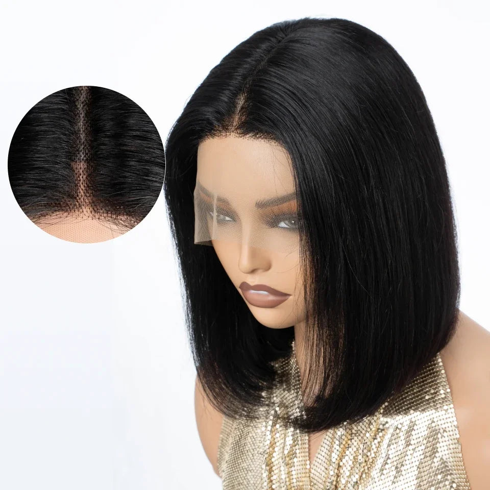 Natural Black Straight Short Bob Wig | 13x6x1 T-Part Lace Front Human Hair (180% Density, Wear & Go) Luxegan