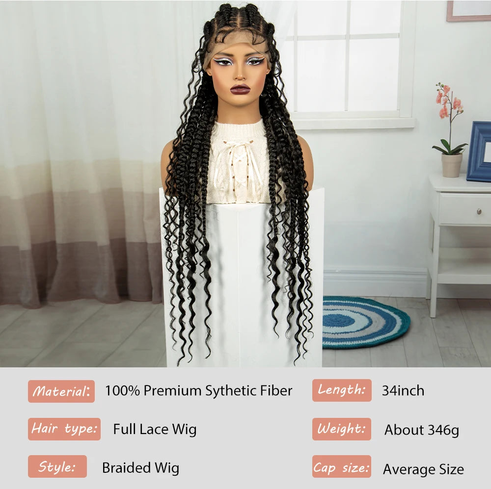 34" Cornrow & Twist Braids Wig with Curly Ends | Full Lace Frontal Luxegan