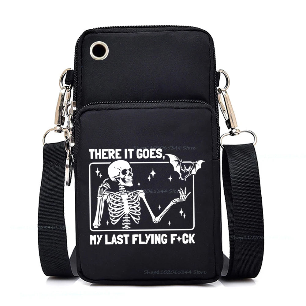 "Dead Inside But Love Cats" Shoulder Bag | Sophisticated Funny Vintage Skeleton Purse | Elegant Cartoon-Print Mobile Phone Bag | "Dignified" Soft Nylon Mini-Handbag for Versatile Casual Styling Luxegan