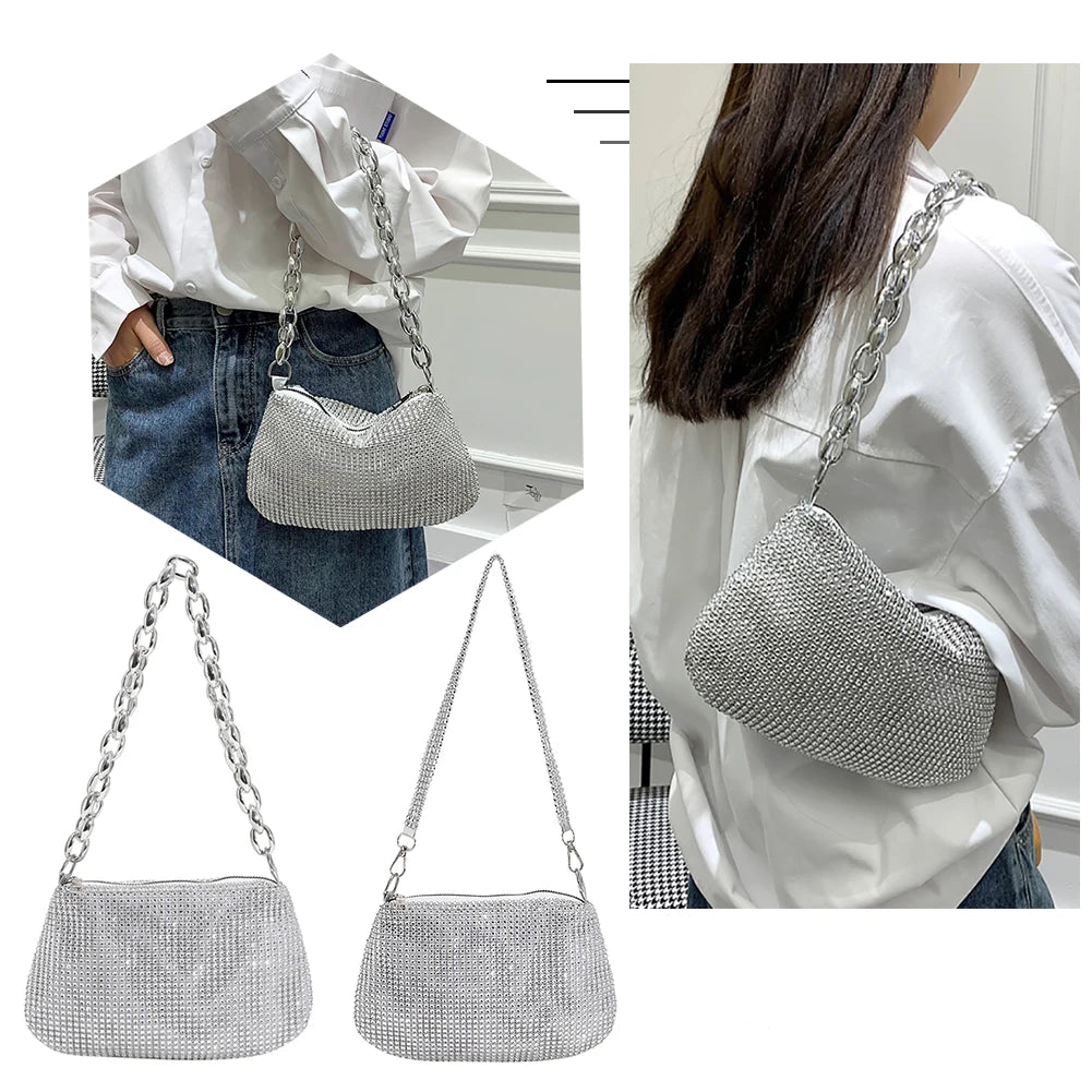 Bling Rhinestone Evening Clutch Bag | Women's Korean Designer Diamond Chain Dinner Party Handbag (Lady Square Tote Shoulder Bag) Luxegan