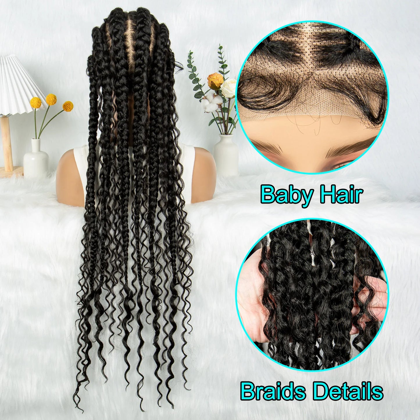 Cornrow Braided Wigs Synthetic Transparent Full Lace Wig With Baby Hair Braiding Wig Boho Cornrow Wig Curly End For Black Women