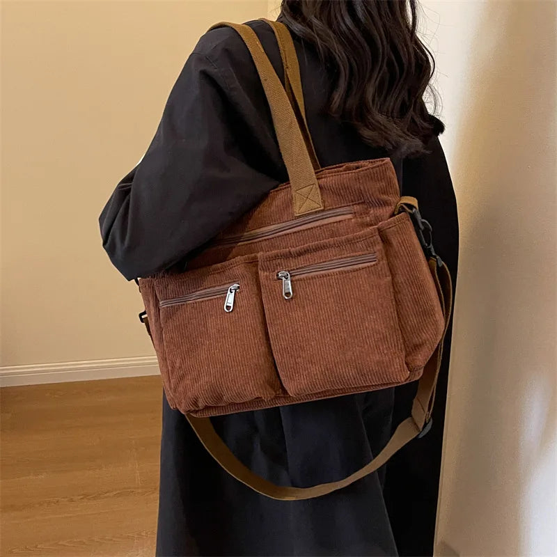 Female Large Capacity Corduroy Tote Bag | New Korean Style Fashion Women's Shoulder Crossbody Bag (Worker Commuter Handlebag)