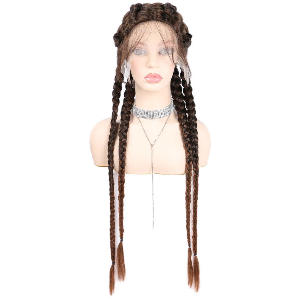 32" Hand-Made Knotless Box Braided Lace Front Wig | French Braid | Baby Hair | Glueless Synthetic Wig Luxegan