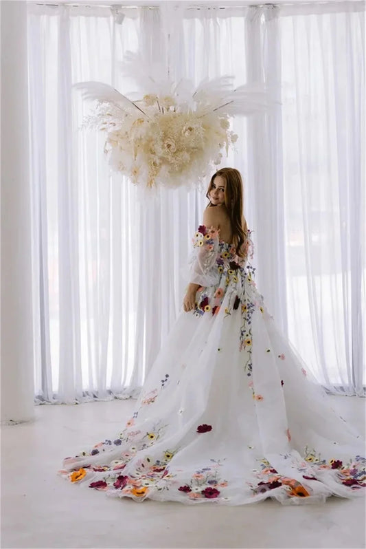 Floral Puff-Sleeve Embroidered Wedding Dress | Romantic Sweetheart Floral Tulle Prom Gown | Off-the-Shoulder Full-Sleeve Bridal Gown with Sweep Train Luxegan