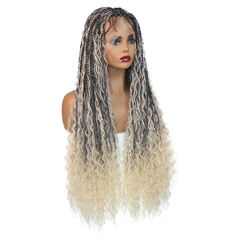 Bohemian Box Braided Wig | Full Lace Senegalese Twist & Goddess Locs Styles | Synthetic Braided Wig | Light Brown Lace