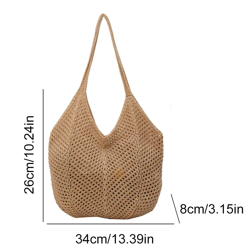Fashionable Women’s Open-Weave Shoulder Bag | Large Capacity Knitted Underarm Bag | Minimalist Crochet Handbag | Summer Mesh Beach Bag for Vacation & Leisure Luxegan