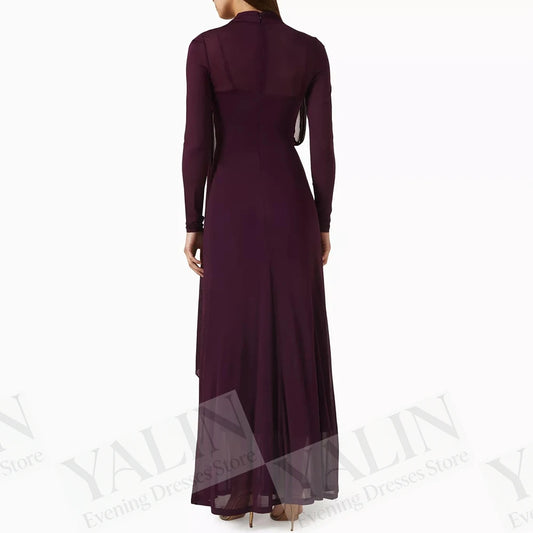 Ruched Draped A-Line Prom Dress | High-Neck Full Sleeve Ankle-Length Evening Gown Luxegan