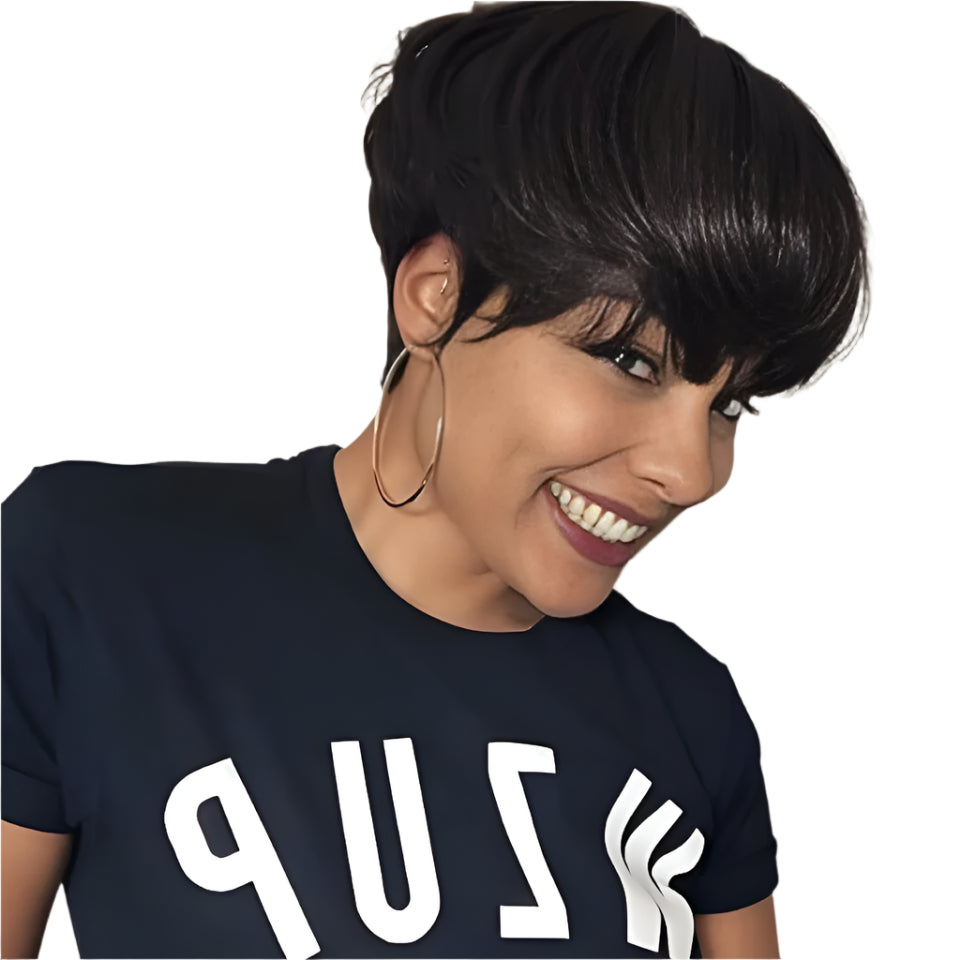 Grey & Natural Black Pixie Cut Wig with Bangs | Remy Human Hair Full Machine Made Luxegan