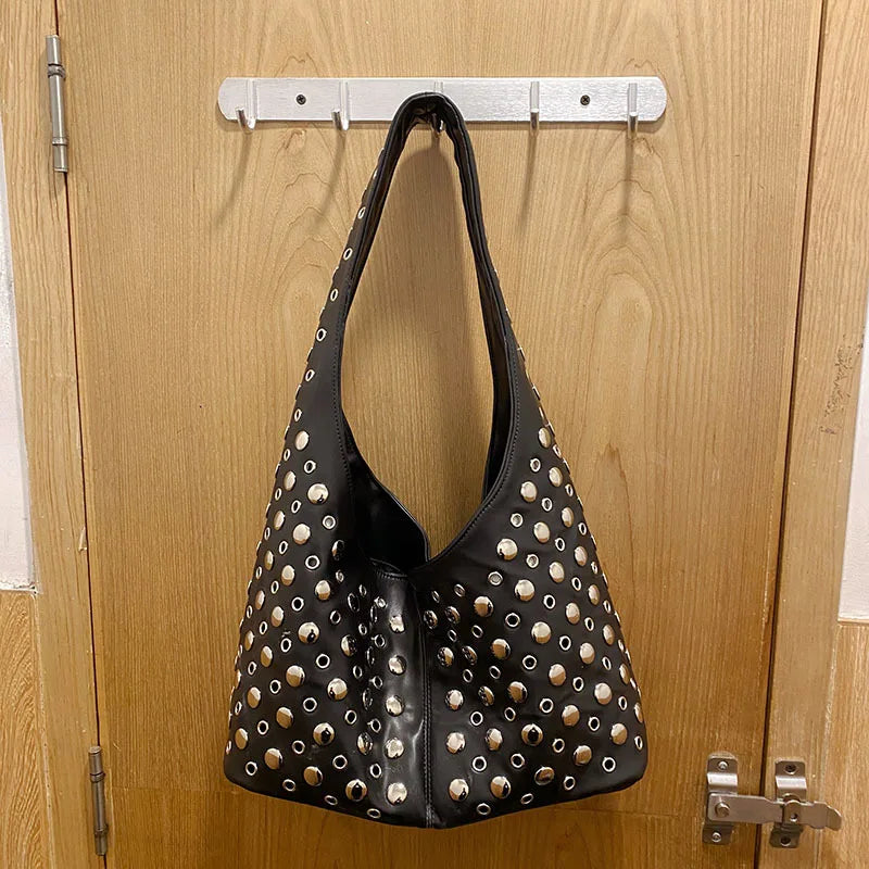Women's Premium Round Rivet Inlaid Bucket Bag | Luxury Microfiber Synthetic Leather Underarm Shoulder Bag | Elegant Faux Fur Lined Party Minaudiere | High-End Hard Shell Fashion Purse Luxegan