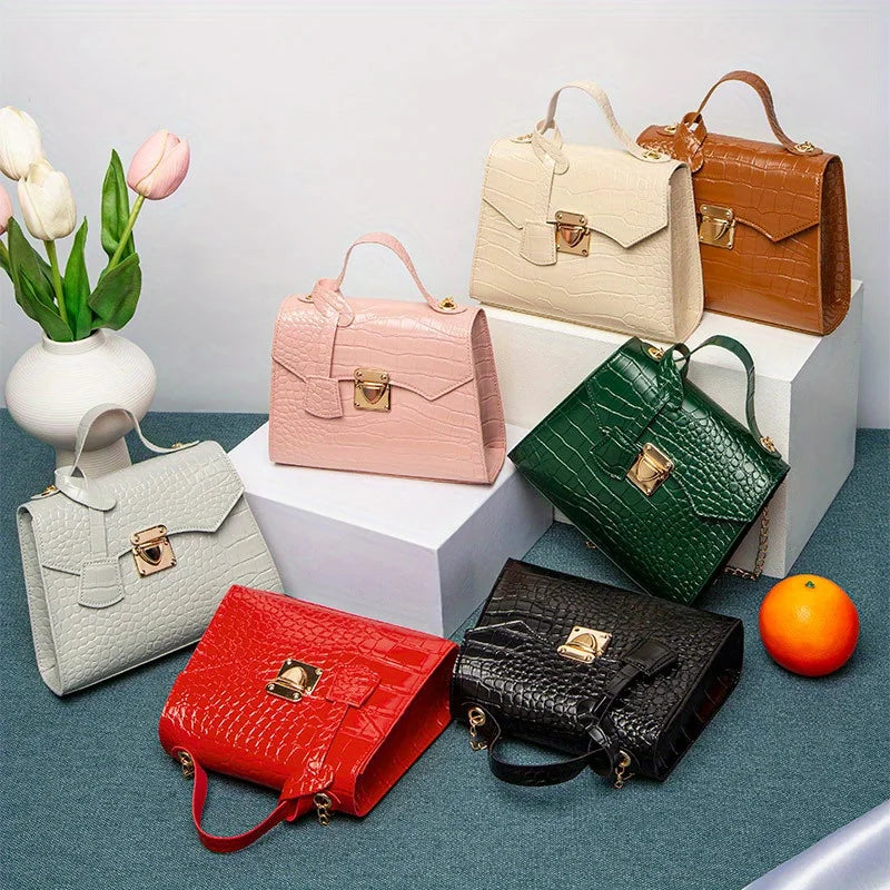 Soft PU Crocodile-Embossed Mini Satchel | Twist Lock Chain Detail Handbag Luxegan
