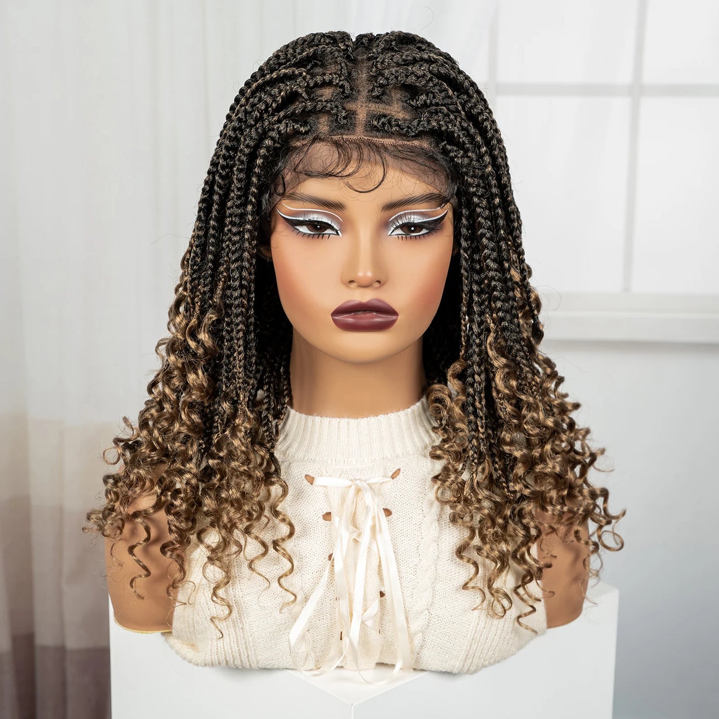 Burgundy Boho Knotless Braids Bob Wig with Curly Ends | Full Lace Luxegan