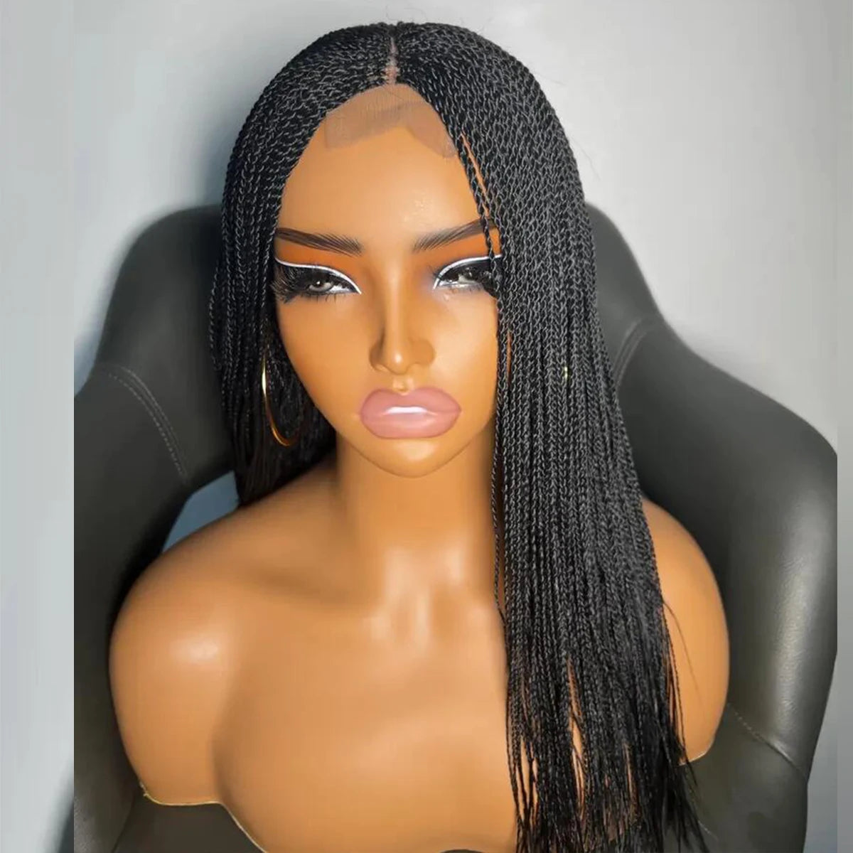 28" Micro Twist Braided Wig | 1B Black | Front Lace | Glueless | Petite Cap | For Black Women