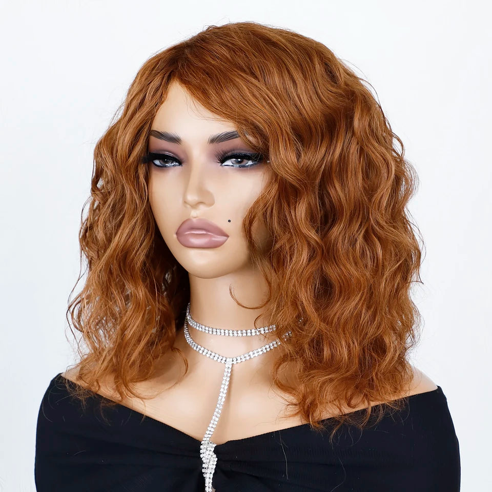 Honey Curly Bob Wigs Human Hair Side Part Pre-Plucked Big Fluffy Brown Mixed Blonde Glueless Bob Curly Wig with Fringe Bangs