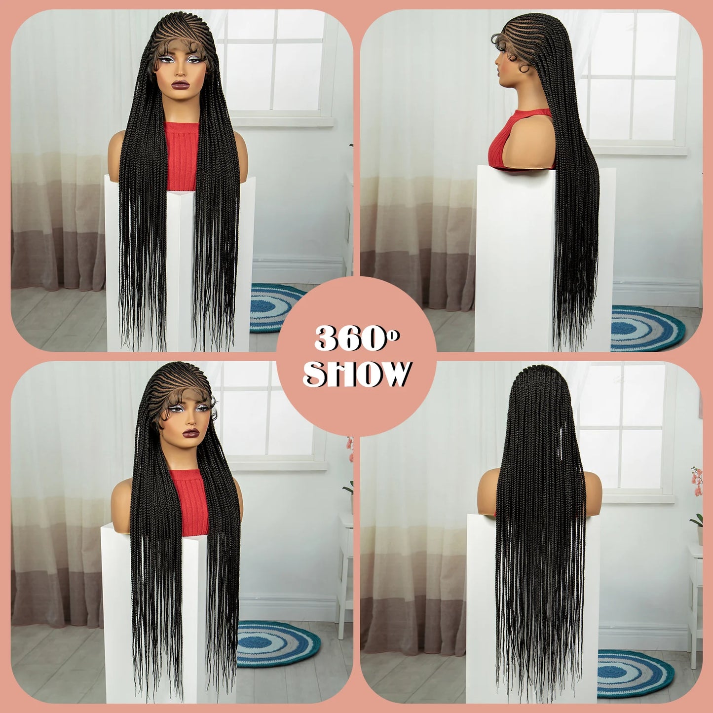 36" Cornrow Braided Full Lace Wig | Knotless Braids | Natural Looking Synthetic Braided Wig with Baby Hair for Black Women Luxegan