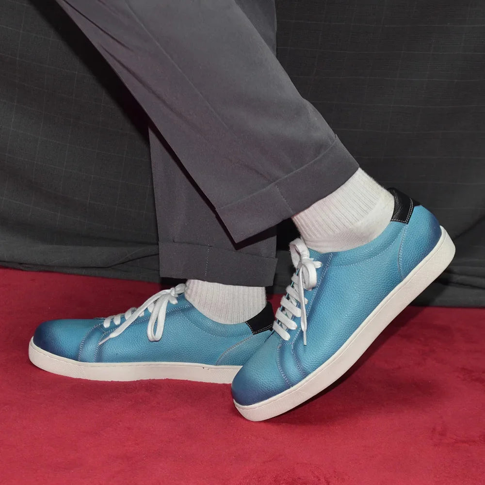 Luxury Designer Men's Genuine Leather Skateboard Shoes | Sky Blue Lace-Up Casual Sneakers (Breathable) Luxegan