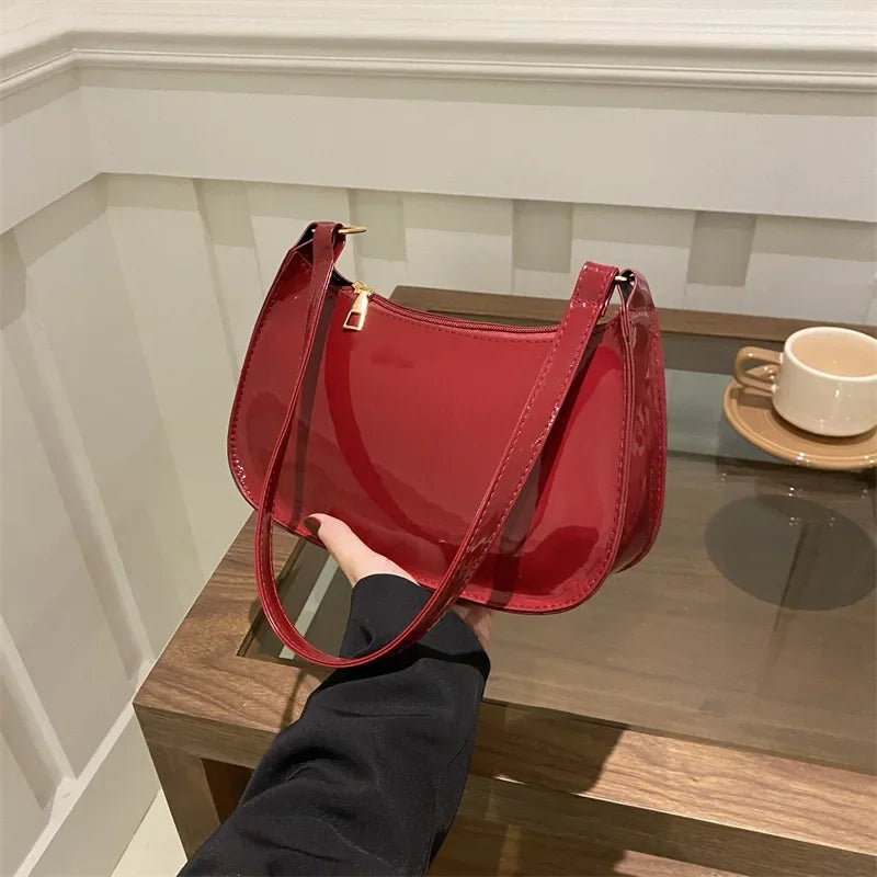 Hard Patent PU Leather Baguette Bag | Vintage Designer Hobos Underarm Bag Luxegan