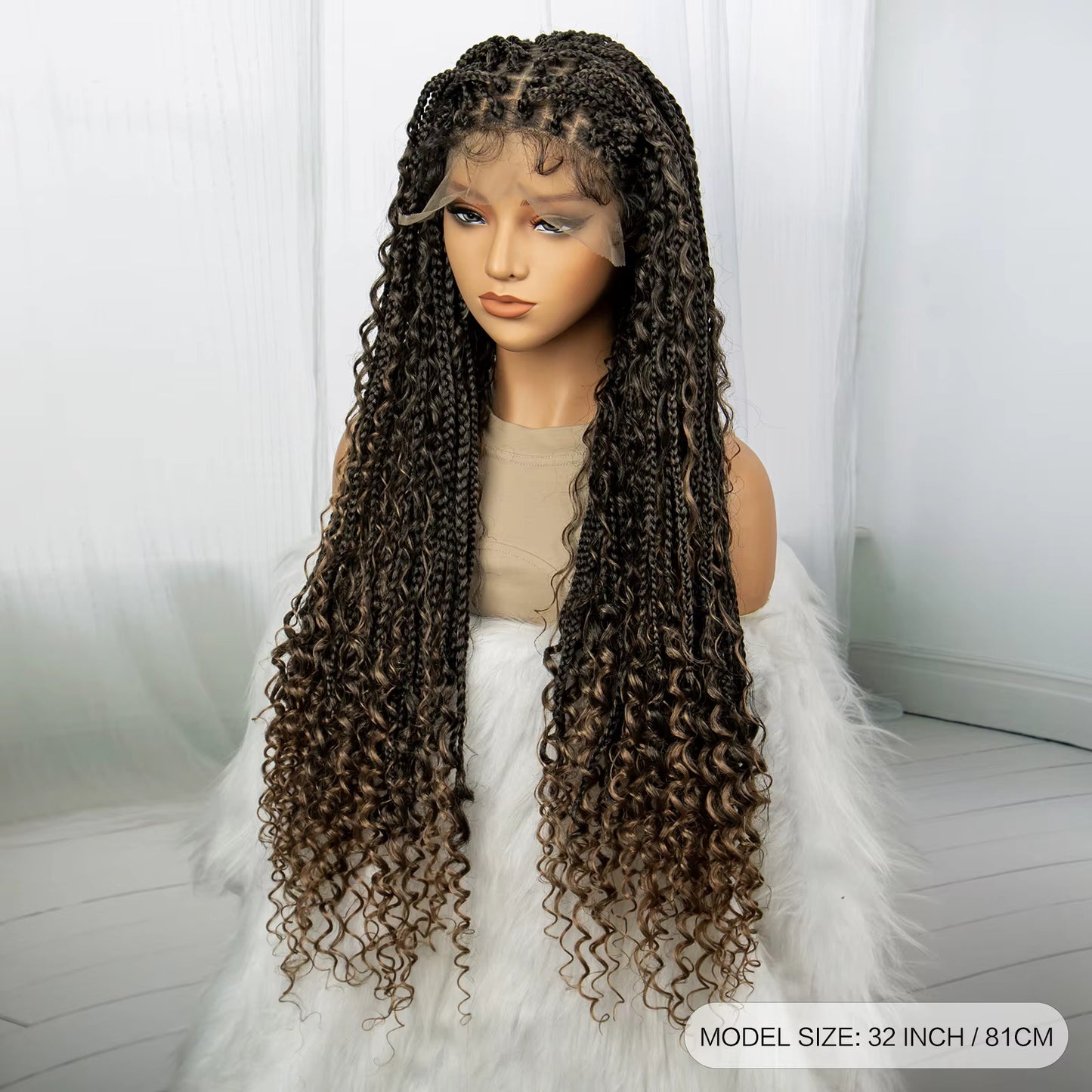 32" Boho Knotless Braided Wig | Bohemian Box Braids | Lace Front Wig with Baby Hair | Synthetic Hair - Luxegan