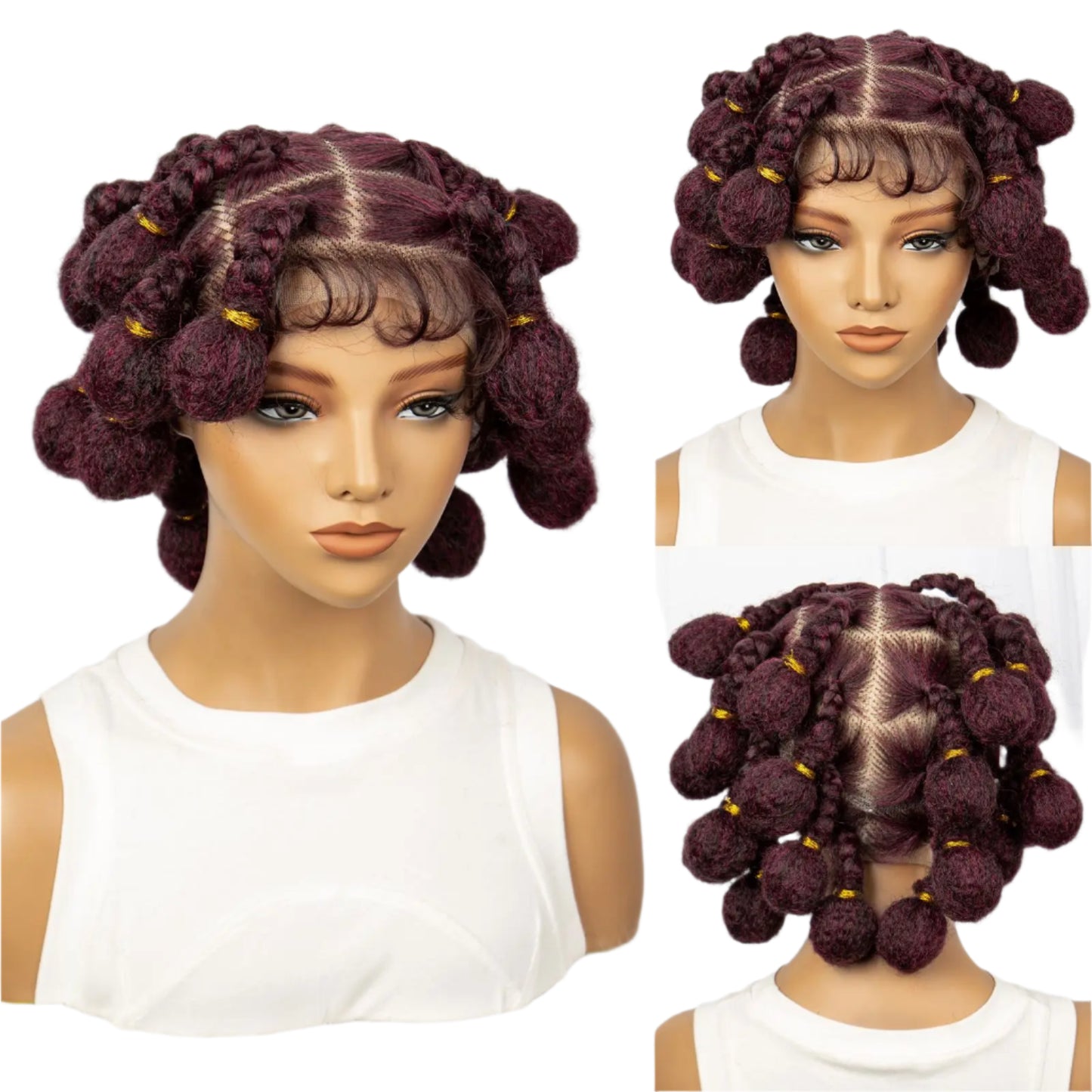 Stunning Burgundy #99J Handmade Bantu Knots Braided Wig - Full Lace, Baby Hair