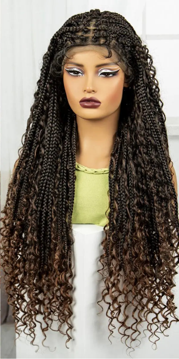 Ombre Boho Knotless Braids Wig | Curly Ends | Lace Front | Baby Hair Luxegan