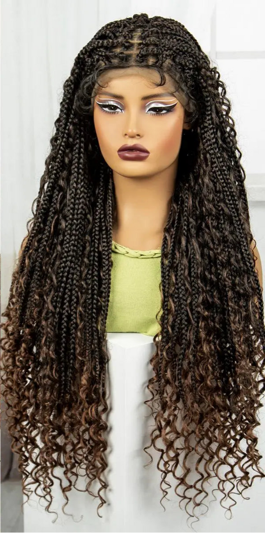 Ombre Boho Knotless Braids Wig | Curly Ends | Lace Front | Baby Hair Luxegan