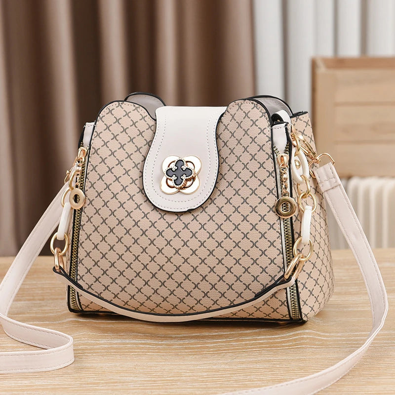 PU Leather Bucket Bag | Luxury Check Print Large Capacity Crossbody Handbag Luxegan